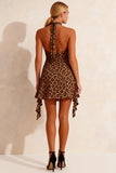 Khaki Leopard Halter Short Work Dress with Keyhole