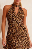 Khaki Leopard Halter Short Work Dress with Keyhole