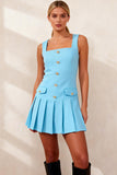 Sky Blue A Line Pleated Square Neck  Short Work Dress with Buttons