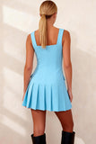 Sky Blue A Line Pleated Square Neck  Short Work Dress with Buttons