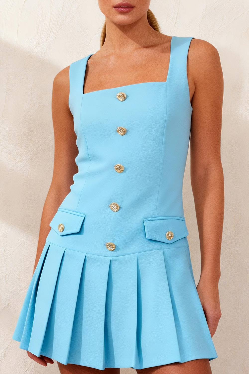 Sky Blue A Line Pleated Square Neck  Short Work Dress with Buttons