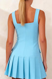 Sky Blue A Line Pleated Square Neck  Short Work Dress with Buttons