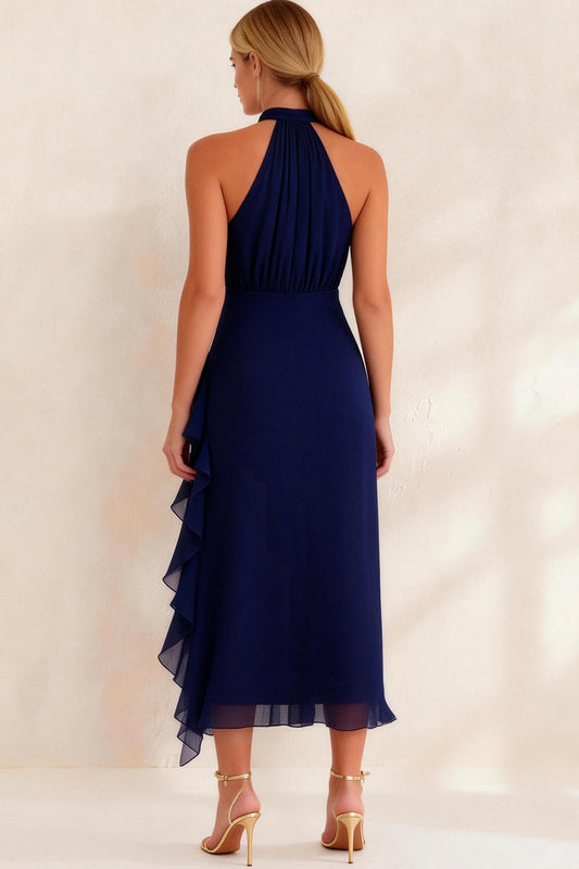Navy Ruffled Chiffon Halter  Ankle Length Work Dress with Slit