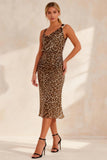 Khaki Leopard Sheath Cowl Neck Thick Straps Midi Work Dress