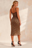 Khaki Leopard Sheath Cowl Neck Thick Straps Midi Work Dress