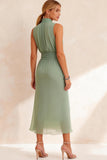 Sage Green Ruched Chiffon Sheath High Neck Midi Work Dress
