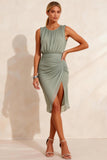 Dusty Sage Ruched Chiffon Round Neck Midi Work Dress with Slit