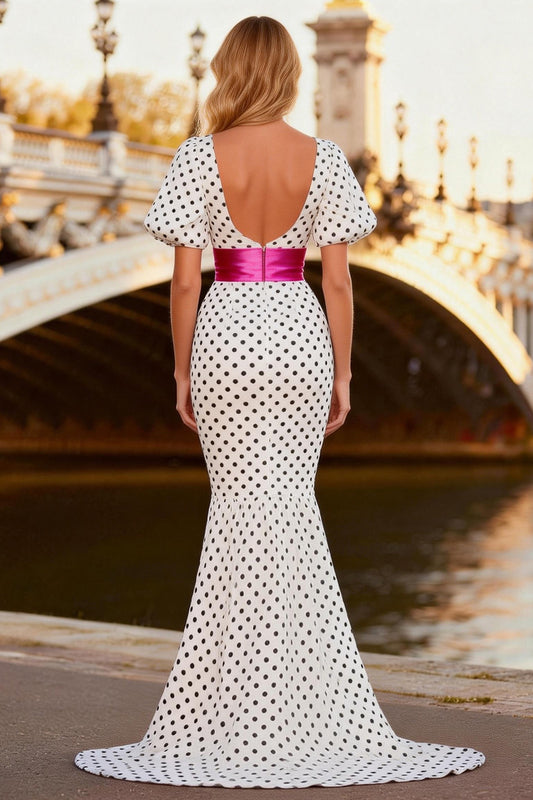 Black and White Ruffled Polka Dots Mermaid Puff Sleeves High-Low Prom Dress