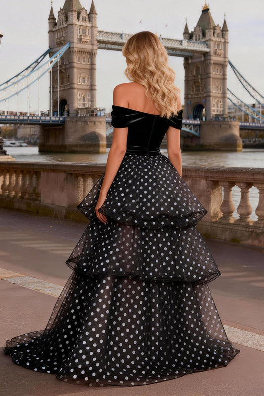 Black and White Polka Dots Ruffled Off the Shoulder Long Prom Dress with Slit