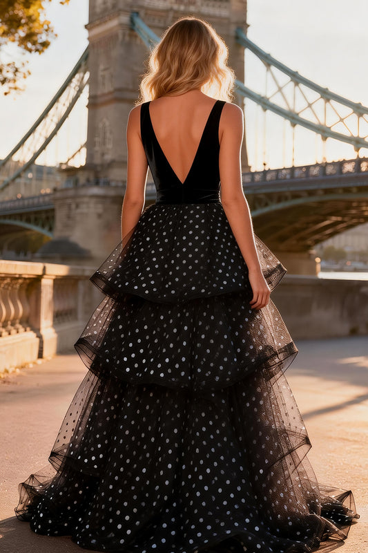 Polka Dots Black and White Ruffled V Neck Long Prom Dress with Slit