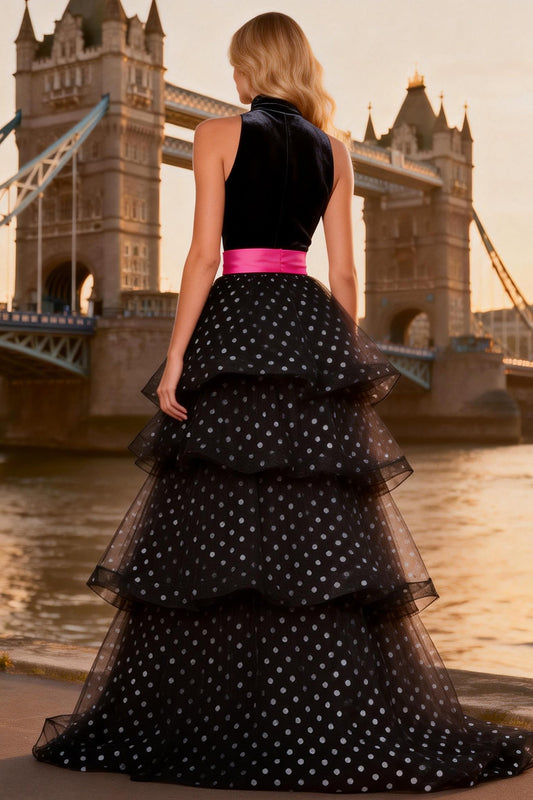 Polka Dots Black and White Tulle High Neck Ruffled Long Prom Dress with Slit
