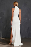 White Satin High Neck Mermaid Floor Length Wedding Dress with Slit