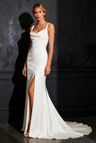 White Satin Thick Straps Mermaid Sweep train Wedding Dress with Slit