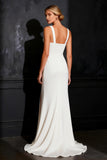 White Satin Thick Straps Mermaid Sweep train Wedding Dress with Slit