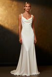 White Satin Sweep Train Wedding Dress Cowl Neck Mermaid Wedding Reception Dress