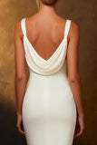 White Satin Cowl Neck Mermaid Sweep Train Wedding Dress