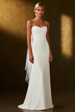 White Spaghetti Straps Mermaid Long Wedding Dress with Streamer