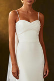 White Spaghetti Straps Mermaid Long Wedding Dress with Streamer