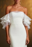 White Off The Shoulder Mermaid Ruffled Sleeves Sweep Train Wedding Dress