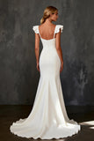 White Satin Mermaid Cap Sleeves Sweep Train Wedding Dress with Ruffles