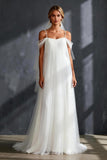 White Tulle Pleated Cold Shoulder A Line Sweep Train Wedding Dress