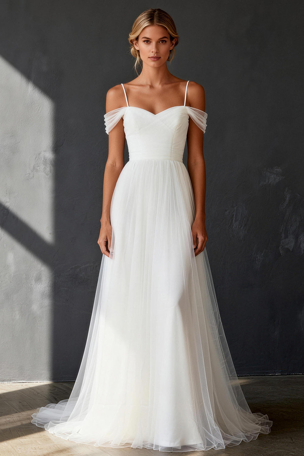 White Tulle Cold Shoulder A Line Sweep Train Wedding Dress