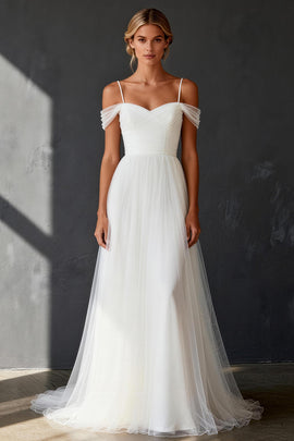 White Tulle Cold Shoulder A Line Sweep Train Wedding Dress