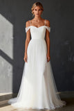 White Tulle Cold Shoulder A Line Sweep Train Wedding Dress