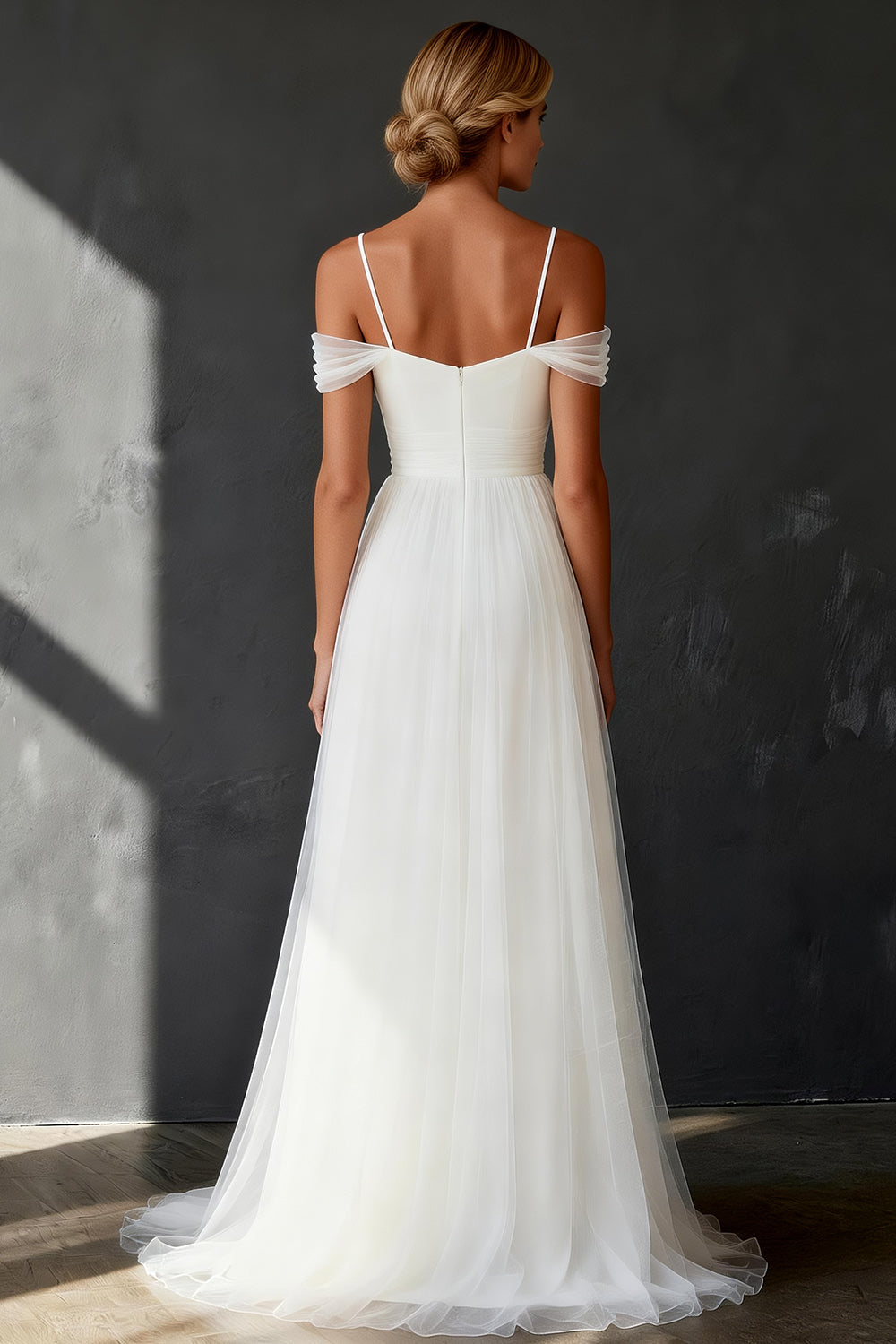 White Tulle Cold Shoulder A Line Sweep Train Wedding Dress