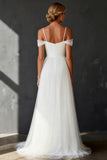 White Tulle Cold Shoulder A Line Sweep Train Wedding Dress