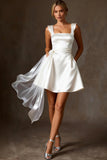 White Satin A Line Short Wedding Dress with Streamer