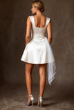 White Satin A Line Short Wedding Dress with Streamer