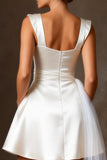White Satin A Line Short Wedding Dress with Streamer