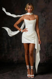 White Satin Corset Bodycon Ruched Short Wedding Dress with Streamer
