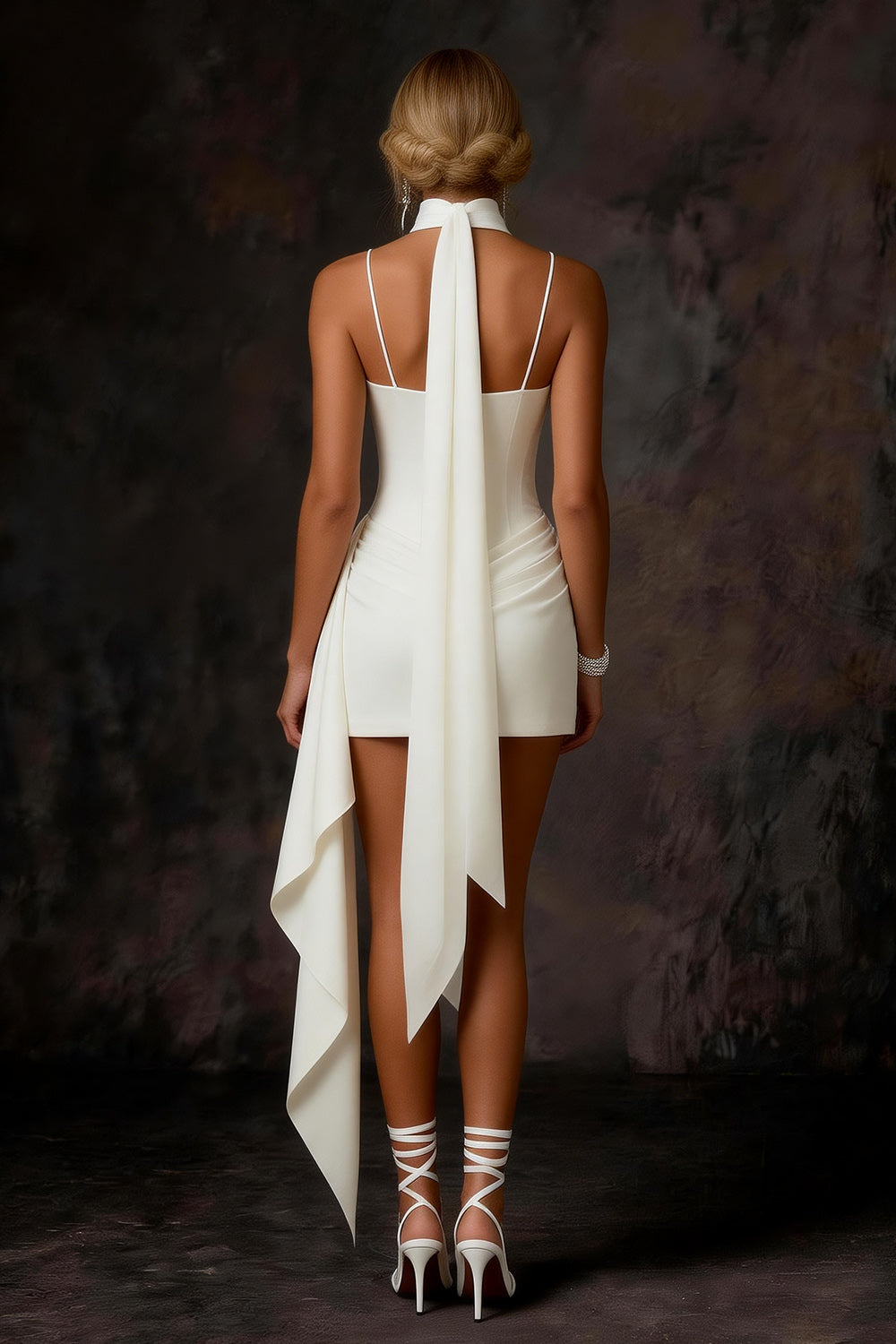 White Satin Corset Bodycon Ruched Short Wedding Dress with Streamer