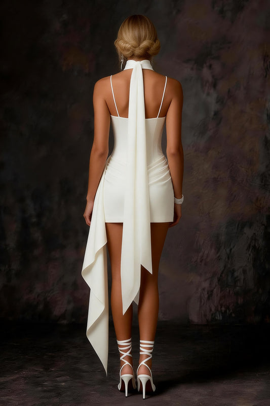 White Satin Corset Bodycon Ruched Short Wedding Dress with Streamer