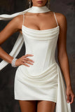 White Satin Corset Bodycon Ruched Short Wedding Dress with Streamer