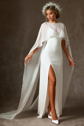 White Chiffon Mermaid Spaghetti Straps Floor Length Wedding Dress with Cape