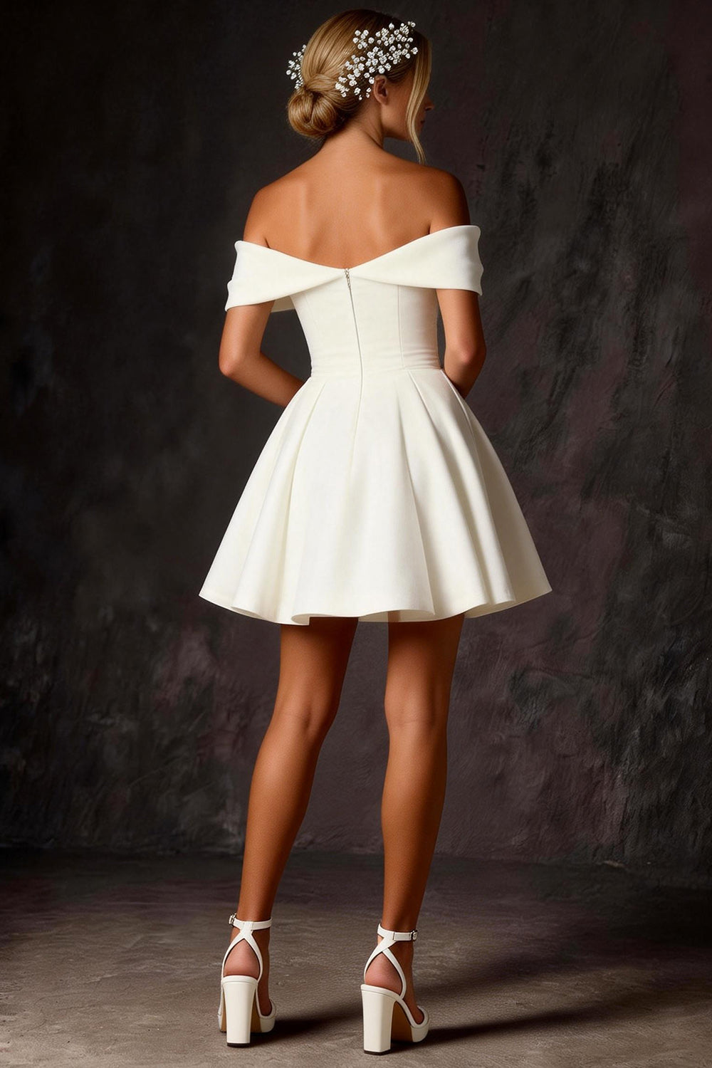 White Corset Ruched Off The Shoulder A Line Short Wedding Dress