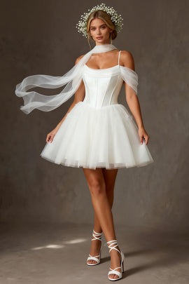 White Tulle Cold Shoulder A Line Corset Short Wedding Dress