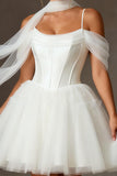 White Tulle Cold Shoulder A Line Corset Short Wedding Dress