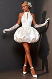 White Satin Halter Keyhole A Line Short Wedding Dress