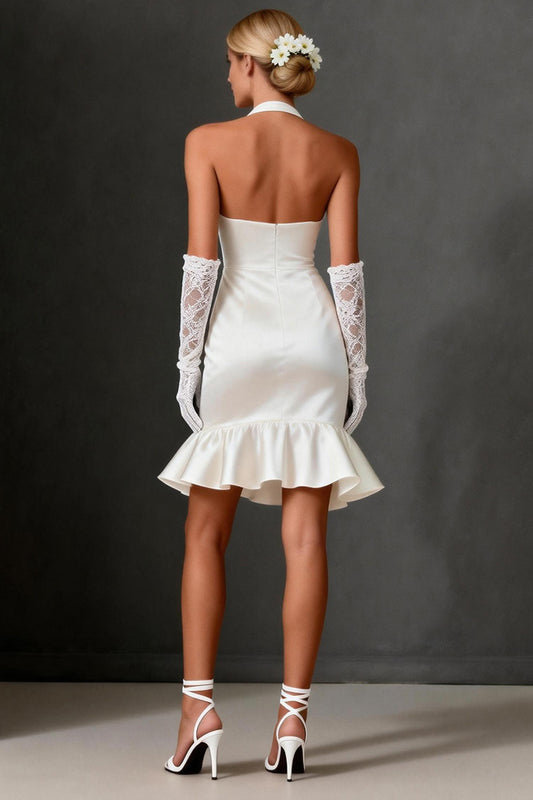 White Satin Bodycon Halter Ruffled Short Wedding Dress