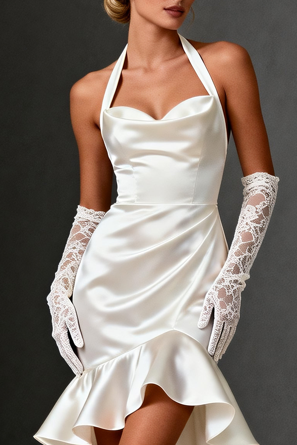White Satin Bodycon Halter Ruffled Short Wedding Dress