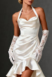 White Satin Bodycon Halter Ruffled Short Wedding Dress