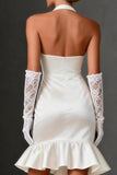White Satin Bodycon Halter Ruffled Short Wedding Dress