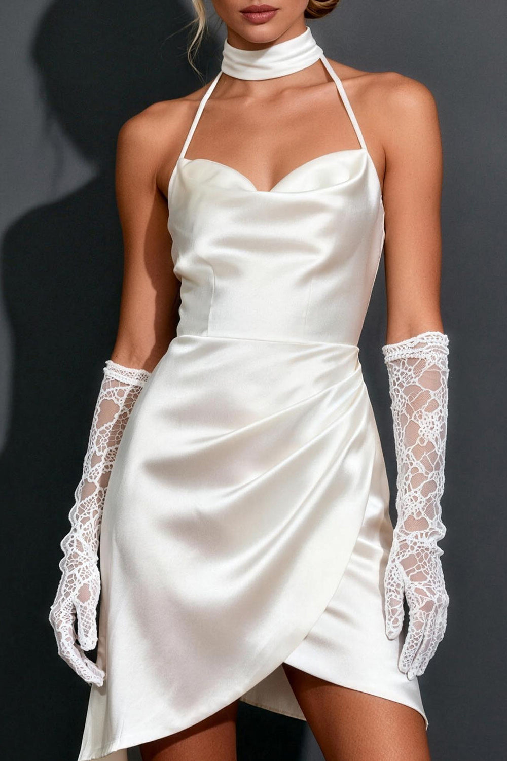White Satin Ruched Bodycon Halter Short Wedding Dress