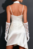 White Satin Ruched Bodycon Halter Short Wedding Dress