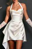 White Satin Halter Bodycon Short Wedding Dress with Side Cape