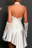 White Satin Halter Bodycon Short Wedding Dress with Side Cape